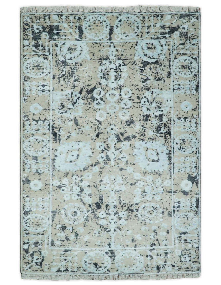 4x6 Fine Hand Knotted Aqua, Beige and Black Traditional Vintage Persian Style Antique Wool and Bamboo Silk Rug | AGR10