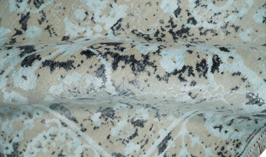 4x6 Fine Hand Knotted Aqua, Beige and Black Traditional Vintage Persian Style Antique Wool and Bamboo Silk Rug | AGR10