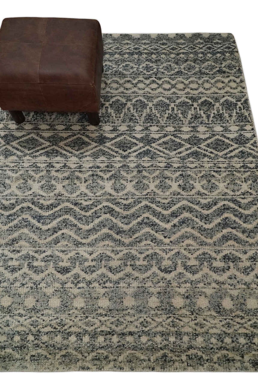 4x6 Hand Knotted Ivory, Black and Gray Modern Contemporary Southwestern Tribal Trellis Recycled Silk Area Rug | OP56