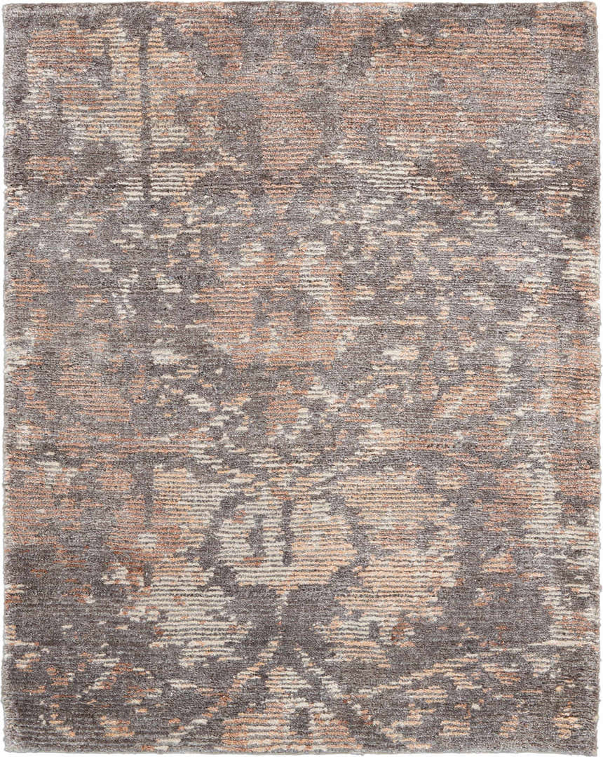 Close-up of Nourison Lucent Flint rug. Vintage design with bamboo silk-like fibers in flint, peach, and ivory hues.