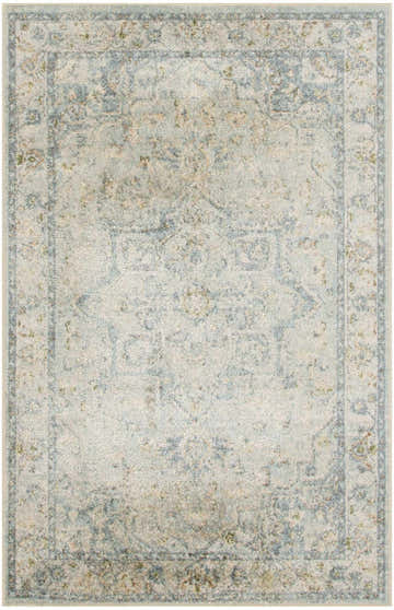 Close-up of the Nourison Astra Light Blue rug. Machine-made vintage style rug with a subtle, distressed pattern.