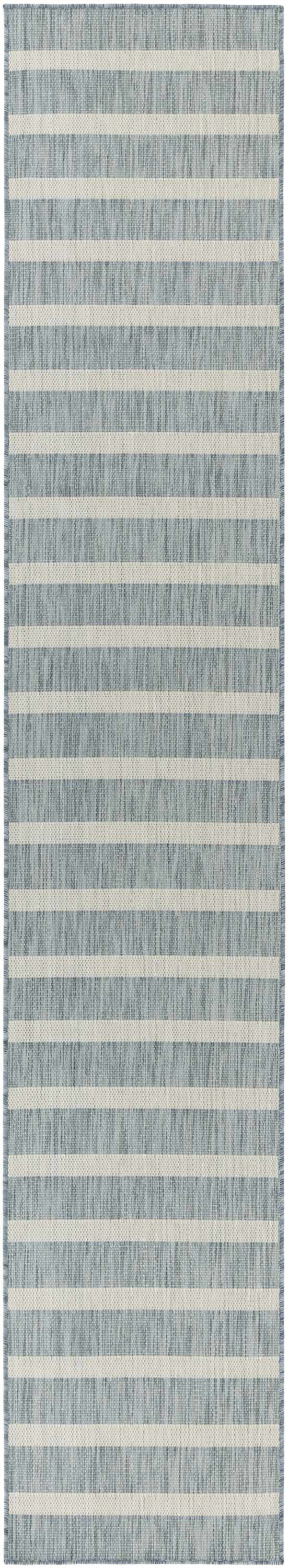 Close-up of Nourison Positano Aqua Ivory rug. Modern design with horizontal stripes in aqua and ivory. Machine-made texture.