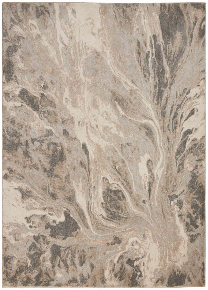 Close-up of Inspire Me! Home Decor Elegance Grey rug. Abstract, swirling gray, beige, and cream pattern. Soft texture.