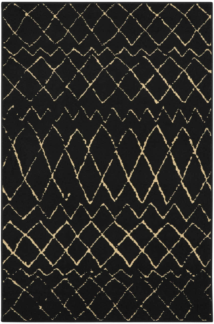 Close-up of the Nourison Grafix Black Bohemian Indoor Area Rug featuring a geometric diamond and zig-zag pattern.