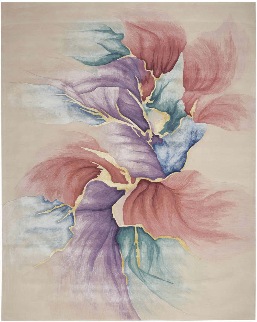 Close-up of the Nourison Prismatic Ivory Rug featuring chestnut, blue, and purple floral designs with gold accents.