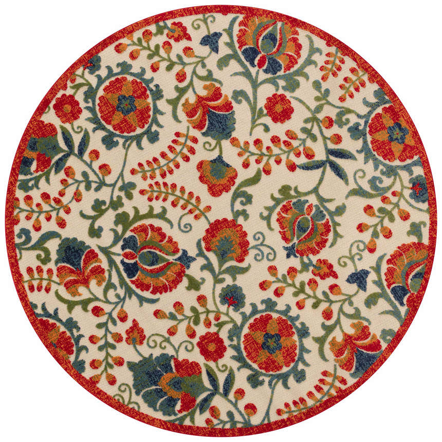 Close-up of Nourison Aloha Red Multicolor Farmhouse Area Rug, round shape, with floral pattern in red, blue, orange, and green.
