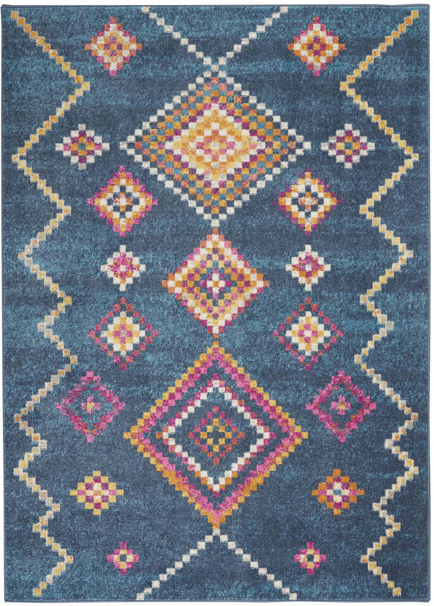Close-up of Nourison Passion Navy Bohemian Area Rug, featuring a geometric diamond pattern in pink, yellow, and white.