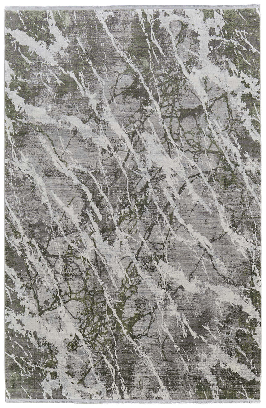 Feizy Cadiz rug with a modern abstract design in gray, green, and taupe hues. Design-Rectangle