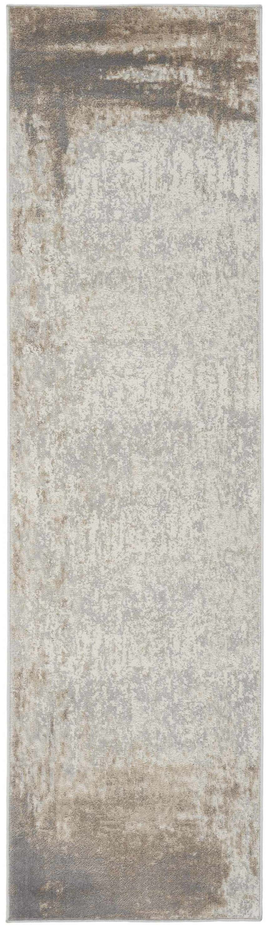 Close-up of Nourison Elation Grey Ivory rug. High pile, machine-made runner rug with abstract chestnut, gray, and ivory pattern.