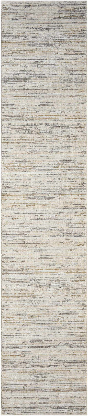 Close-up of Calvin Klein CK078 Summit rug. Ivory, chestnut, and multicolor striations create a modern, textured design.