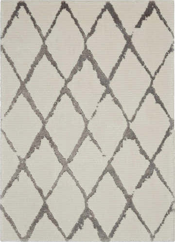 Close-up of the Nourison Twilight Ivory Grey rug featuring a diamond trellis pattern and soft, textured wool blend.