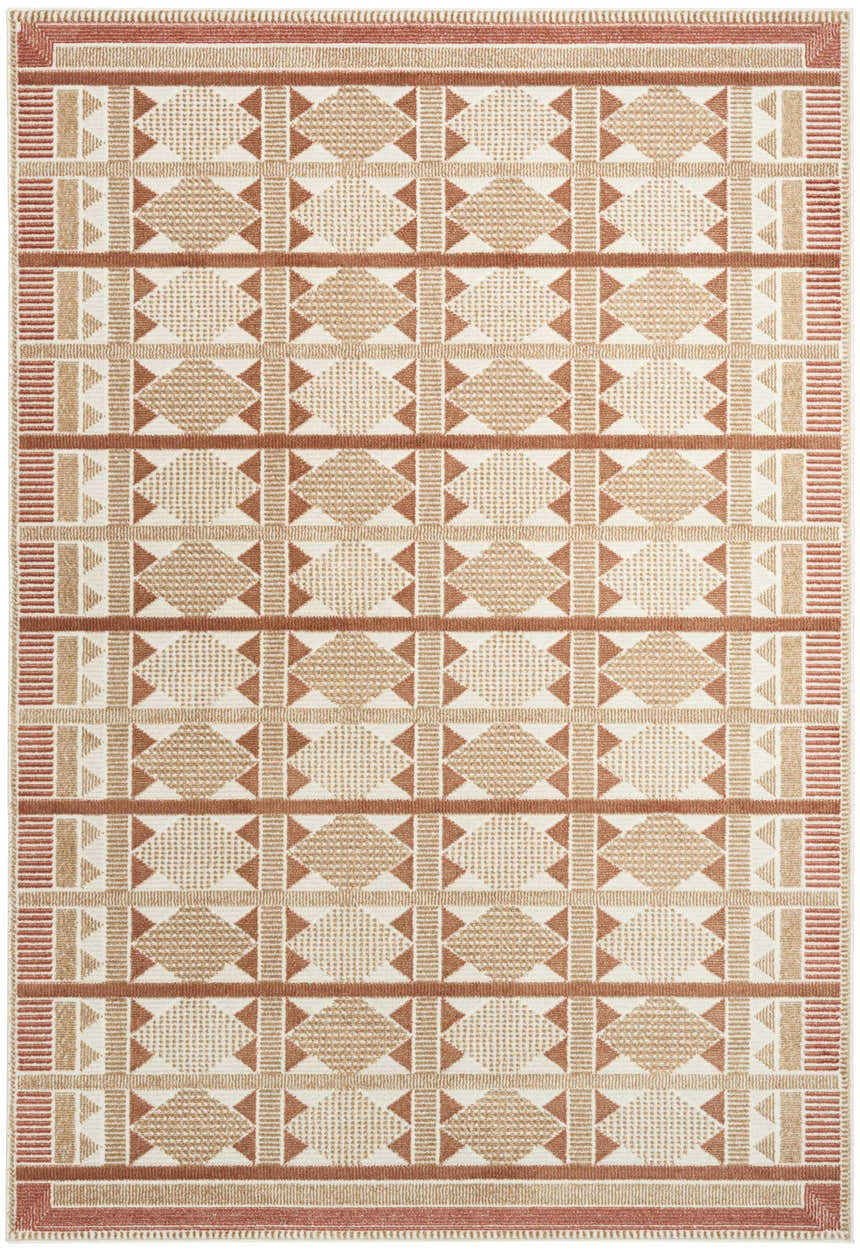 Close-up of Nourison Nordic Rust rug featuring a geometric pattern in rust and beige tones.