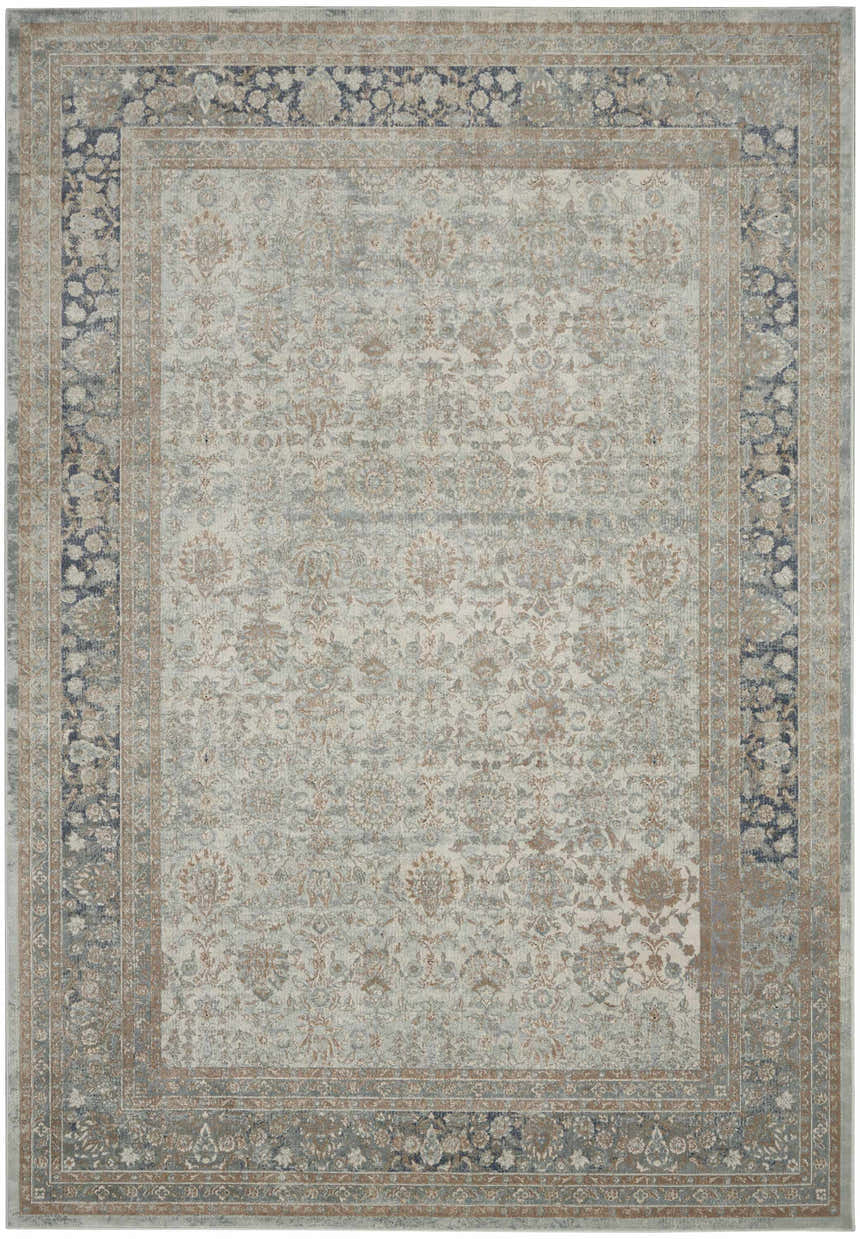Close-up of Nourison Malta Cloud Vintage Area Rug; cloud, blue and brown floral pattern with a vintage style.