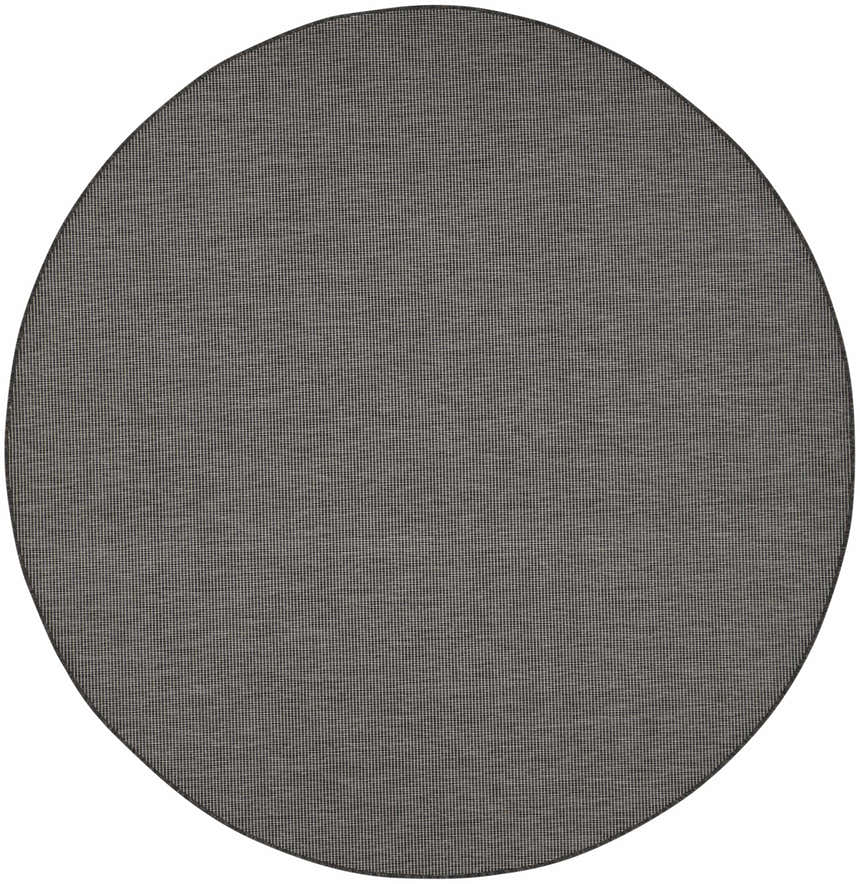 Close-up of a round Nourison Positano Charcoal rug. Taupe color, machine-made polypropylene with a subtle grid pattern.
