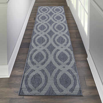 Hallway with Nourison Aruba Slate/Light Blue runner rug. Geometric pattern, blue and light gray colors.