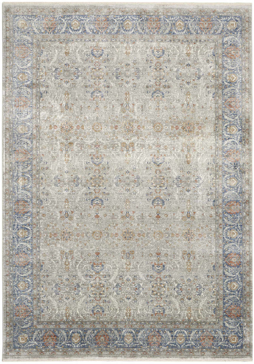 Detailed view of the Nourison Starry Nights Grey Vintage Area Rug. Features a traditional floral pattern, blue and orange border, and distressed texture.