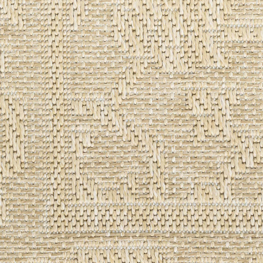 Close-up of the cream Nourison Tulum Outdoor Area Rug, showing woven texture and geometric pattern.