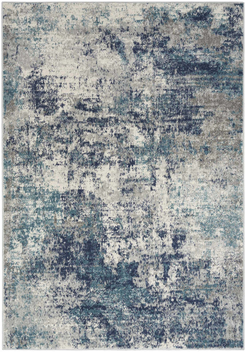 Close-up of Nourison Passion Ivory Teal rug. Abstract pattern in ivory, teal, chestnut, and gray.