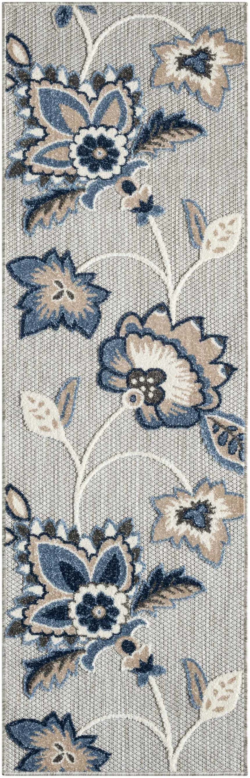 Close-up of Nourison Aloha Blue Grey Outdoor Area Rug featuring a floral pattern in blue, gray, and beige.