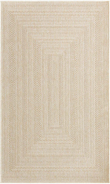 Close-up of the cream Nourison Tulum Outdoor Area Rug featuring a textured, geometric pattern.