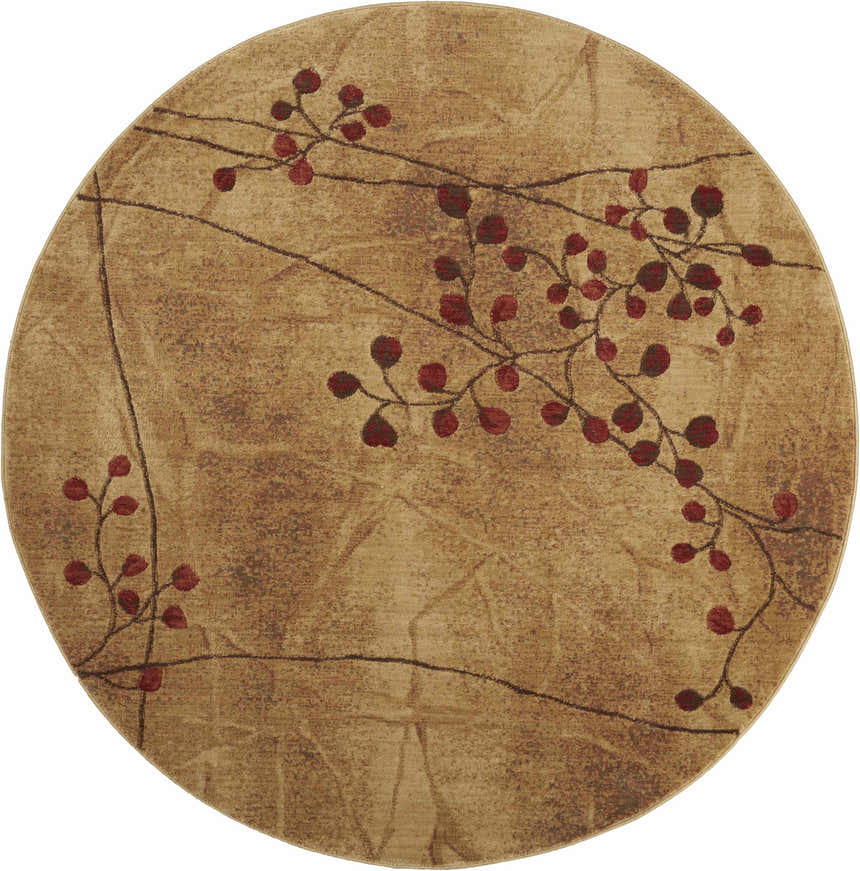 Round Nourison Somerset Latte rug with a Southwestern-style branch and leaf pattern in shades of brown and red.