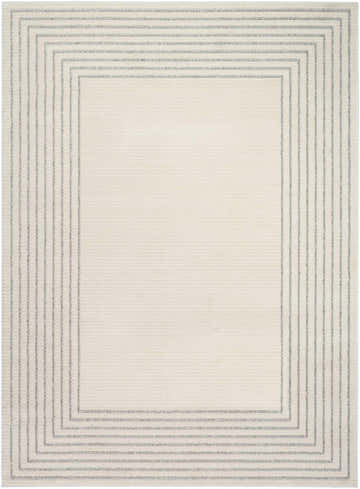 Close-up of Nourison Ivory Hues rug. Ivory high pile with a modern, concentric rectangle design in chestnut.