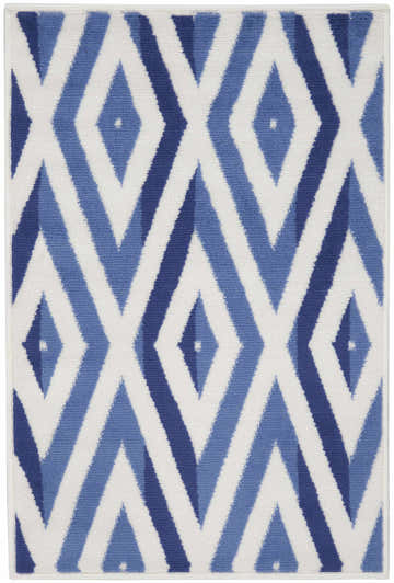 Close-up of Nourison Whimsicle Ivory Blue rug featuring a modern diamond pattern in shades of blue and white. Clearance item.
