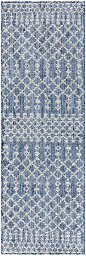 Close-up of the Nourison Positano Navy Blue rug. Features a diamond pattern in shades of blue and white.