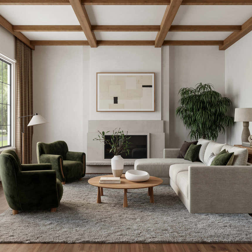 Living room with silver gray Nourison Dreamy Shag rug, beige sofa, green chairs, and wood accents creating a cozy, neutral space.