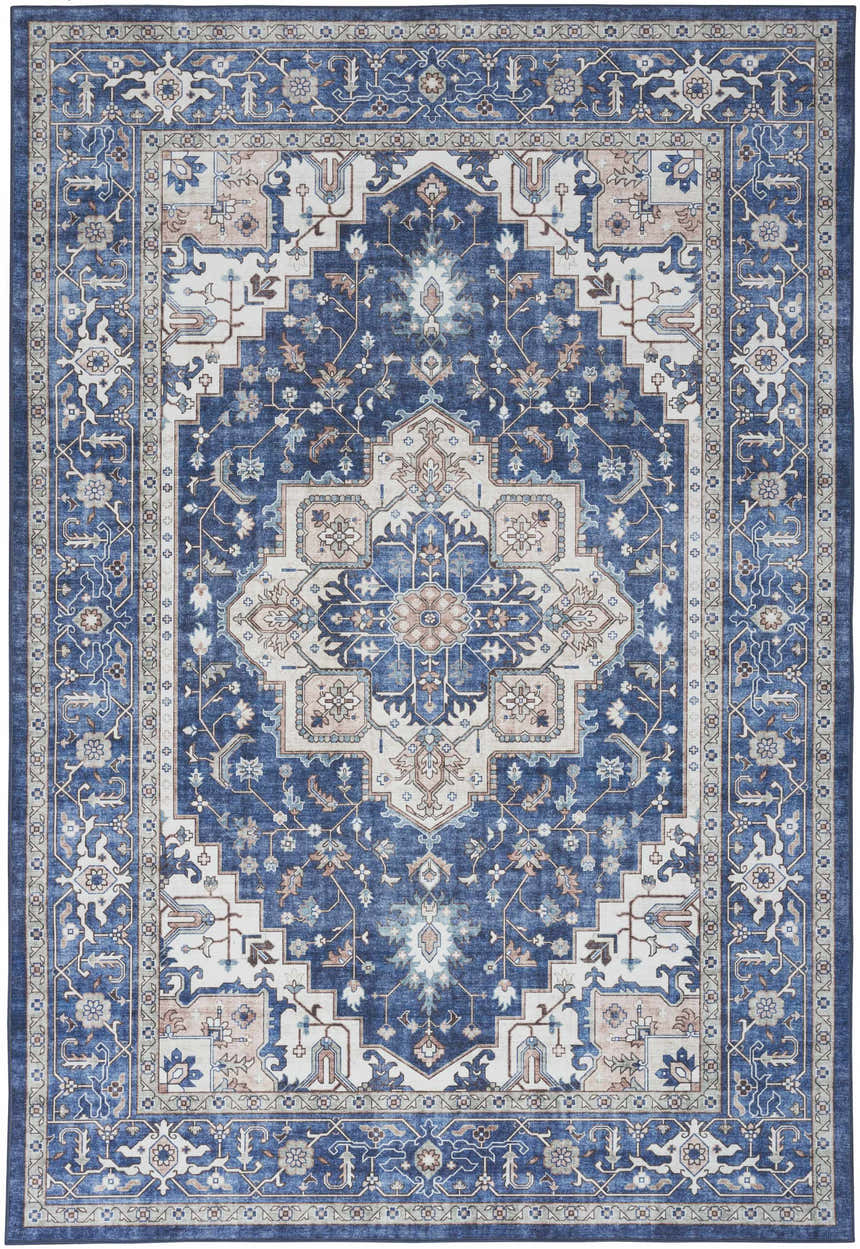 Detailed Nourison Fulton Navy Ivory Vintage Area Rug with a traditional, ornate pattern and chestnut accents.