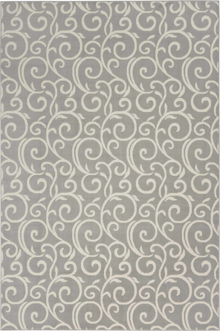 Close-up of the Nourison Grafix Grey rug featuring a swirling, leafy, ivory-colored pattern on a gray background.