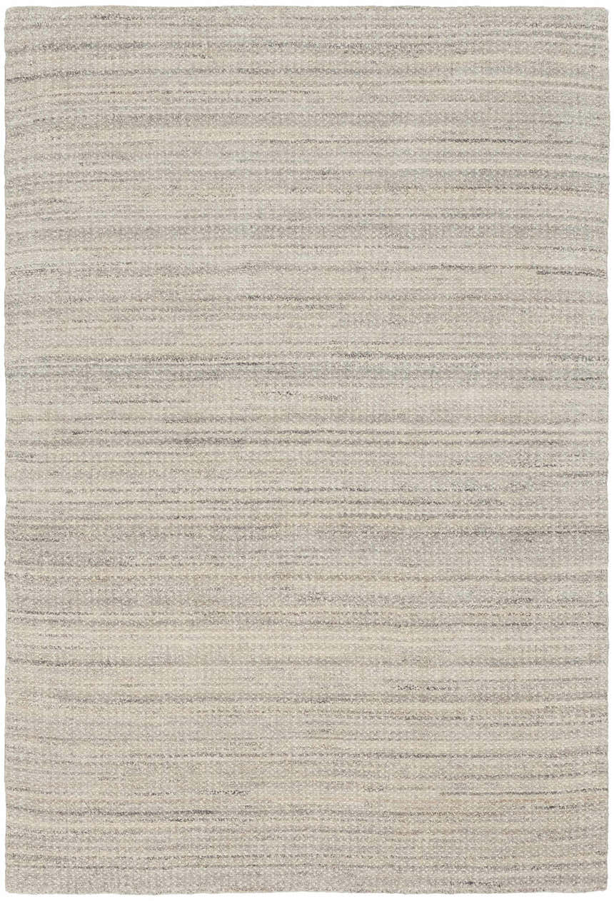 Close-up of the handmade Calvin Klein CK040 Abrash Grey rug. Wool and rayon blend with subtle horizontal stripe design.
