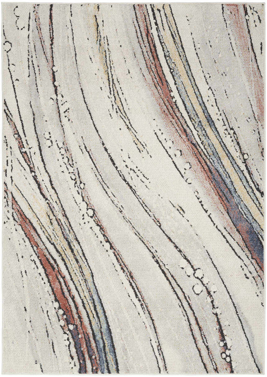 Close-up of Nourison Motion Ivory Multicolor rug featuring chestnut, blue, and gold linear patterns on a low pile.