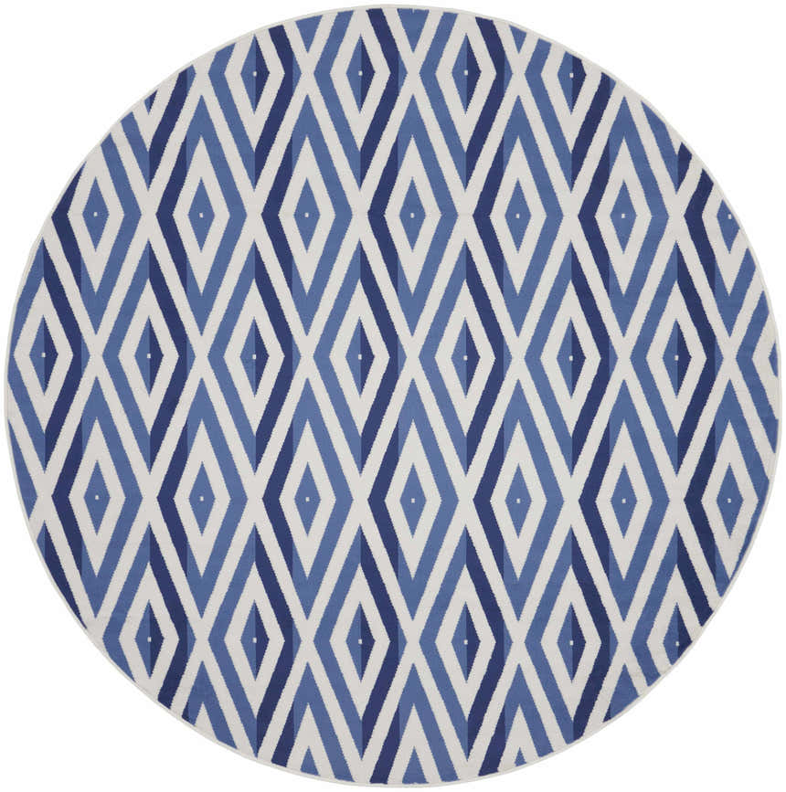 Round Nourison Whimsicle Ivory Blue Rug. Modern rug with a geometric diamond pattern in shades of blue and white.