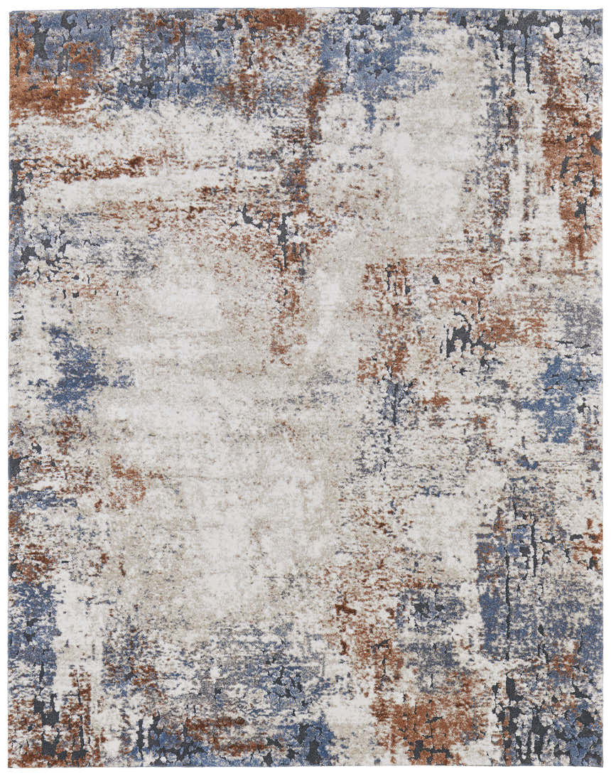 Close-up of the Feizy Gilmore Modern Distressed Area Rug in ivory, blue, and taupe with a textured, abstract pattern. Design-Rectangle