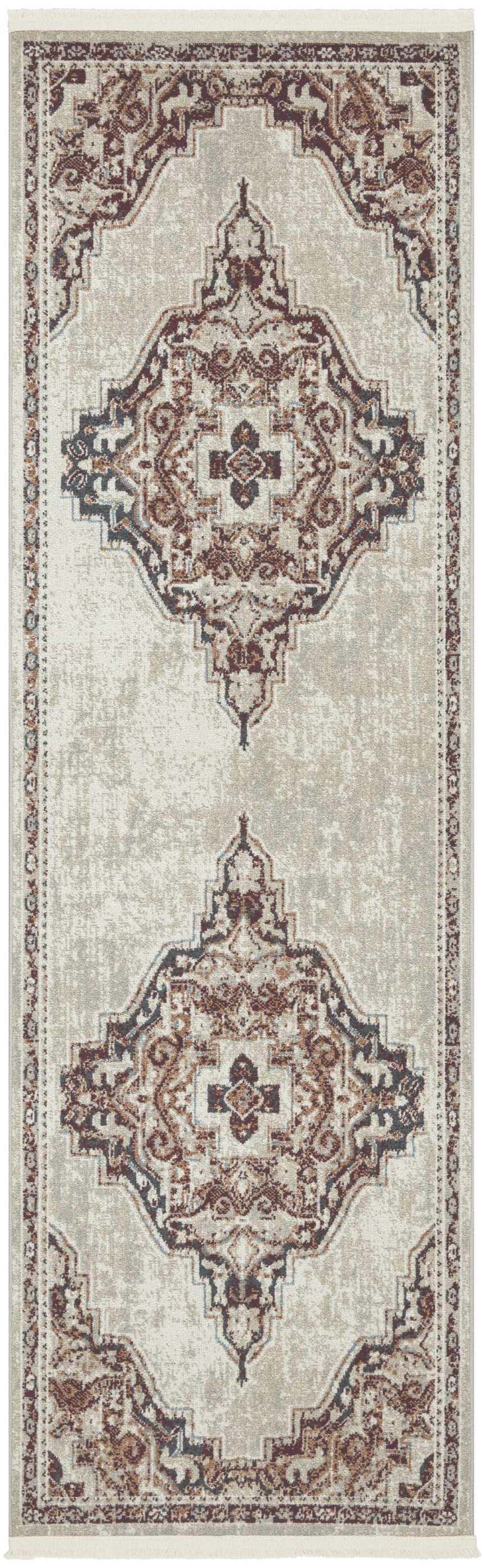 Close-up of Nourison Carina Brick Silver rug. Farmhouse style with brick, brown, and silver medallion pattern.