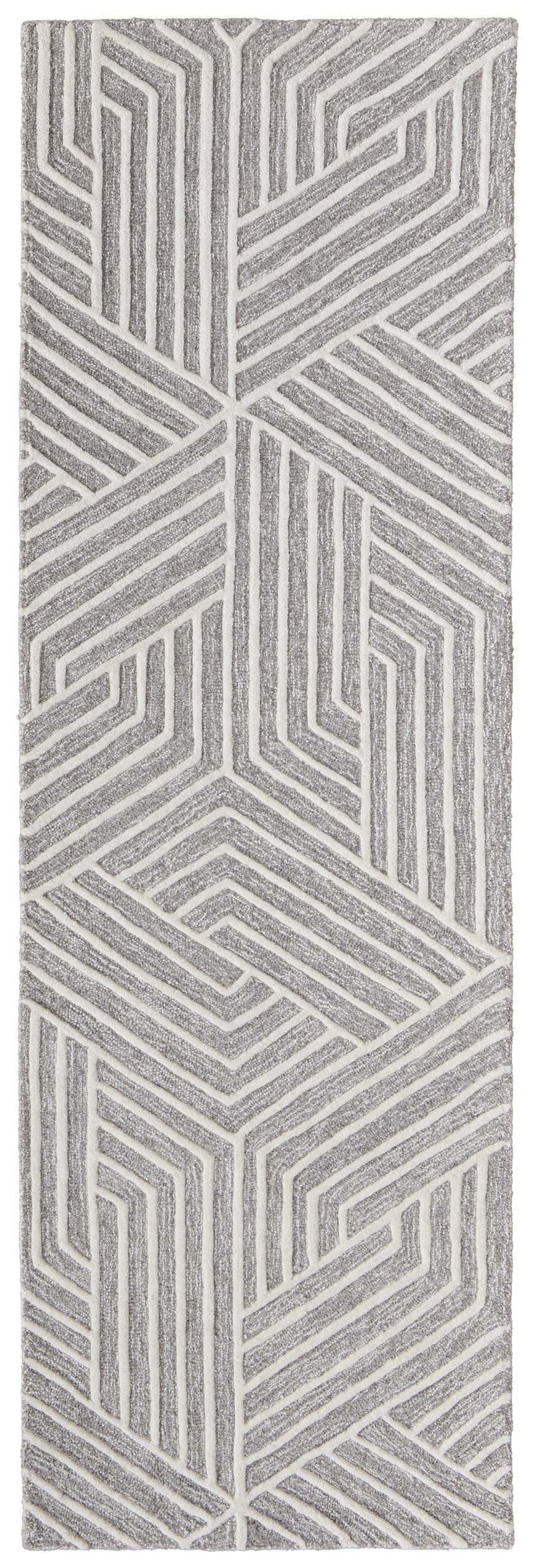 Close-up of the Feizy Lytton Gray/Ivory rug, featuring a geometric pattern and textured wool. Design-Runner