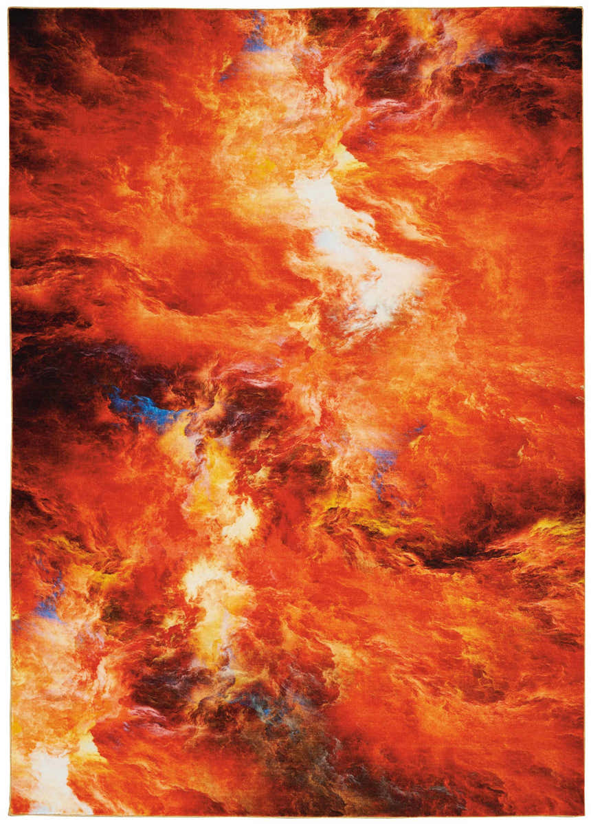 Close-up of Nourison Le Reve Red Flame rug. Abstract fiery design with red, orange, yellow, and hints of blue.