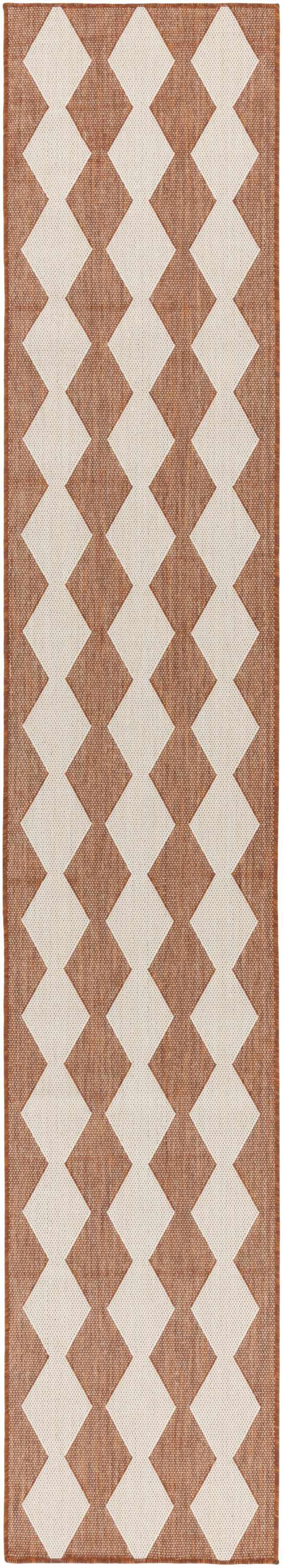 Close-up of the Nourison Positano Terracotta Modern Area Rug, featuring a geometric diamond pattern in burnt orange and cream.