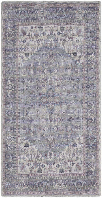 Detailed shot of the Nourison New Concept Grey Vintage Indoor Washable Area Rug. Features a faded grey, intricate vintage-inspired pattern.