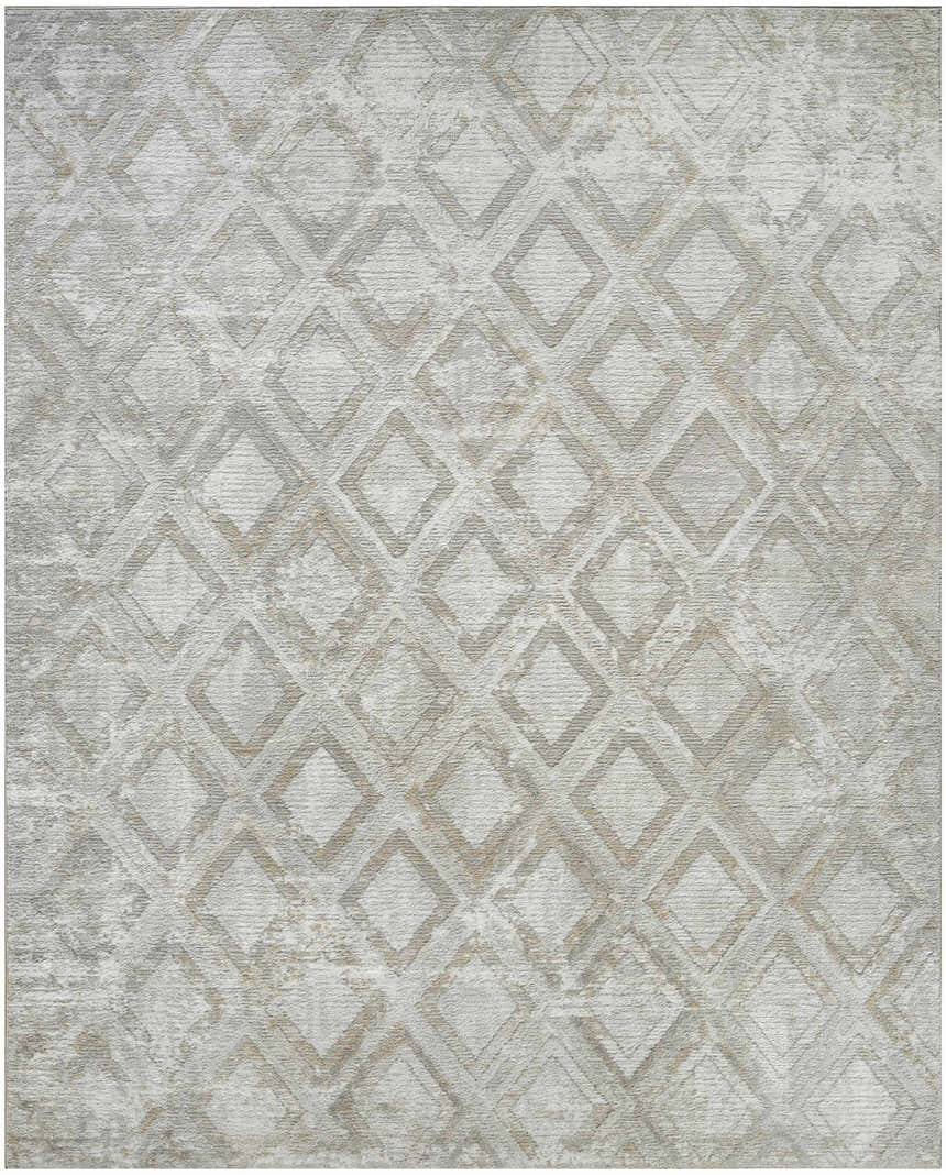 Close-up of the Nourison Dekor Grey Rug featuring a diamond pattern and high pile texture.