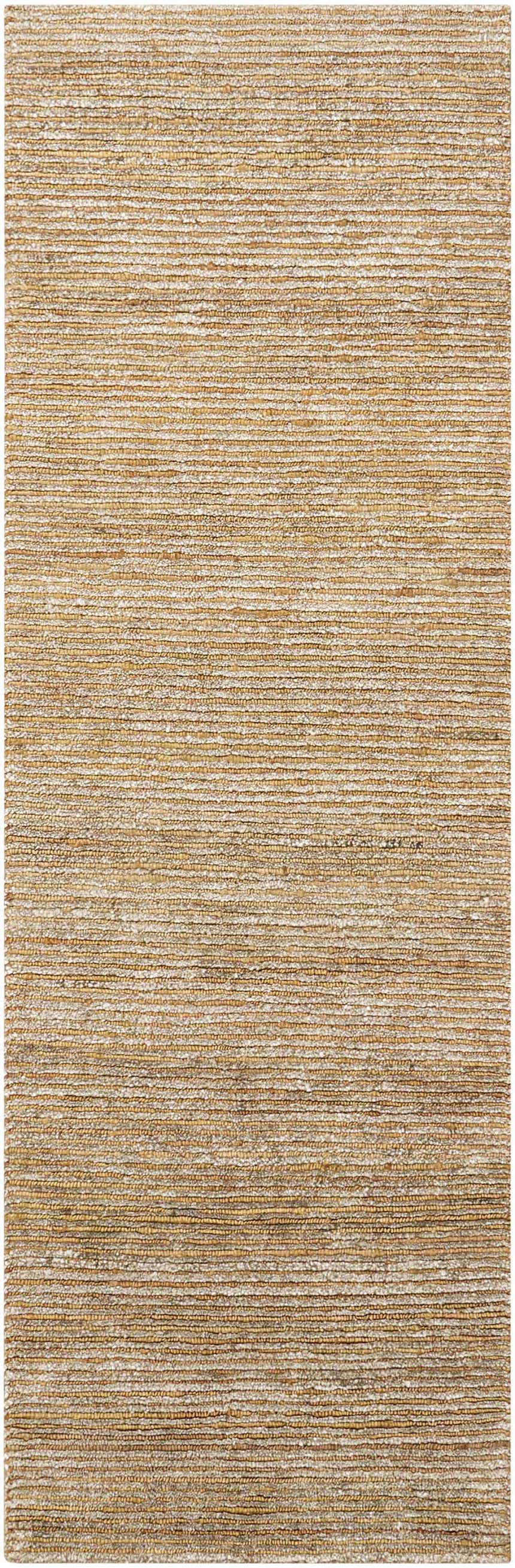 Close-up of the Calvin Klein Mesa Fossil rug. Neutral fossil color with a subtle horizontal stripe texture.