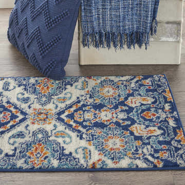 Close-up of Nourison Passion Blue Multicolor Bohemian Indoor Area Rug with a detailed floral and geometric pattern.