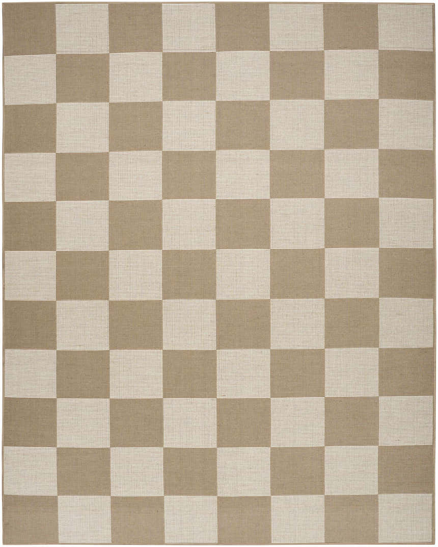 Close-up of the Nourison Modern Jute rug featuring a chestnut and ivory checkerboard pattern. Washable area rug.