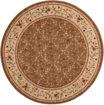 Close-up of the round Nourison Ashton House Olive rug. Features a floral and leaf pattern in olive, beige, and red tones.