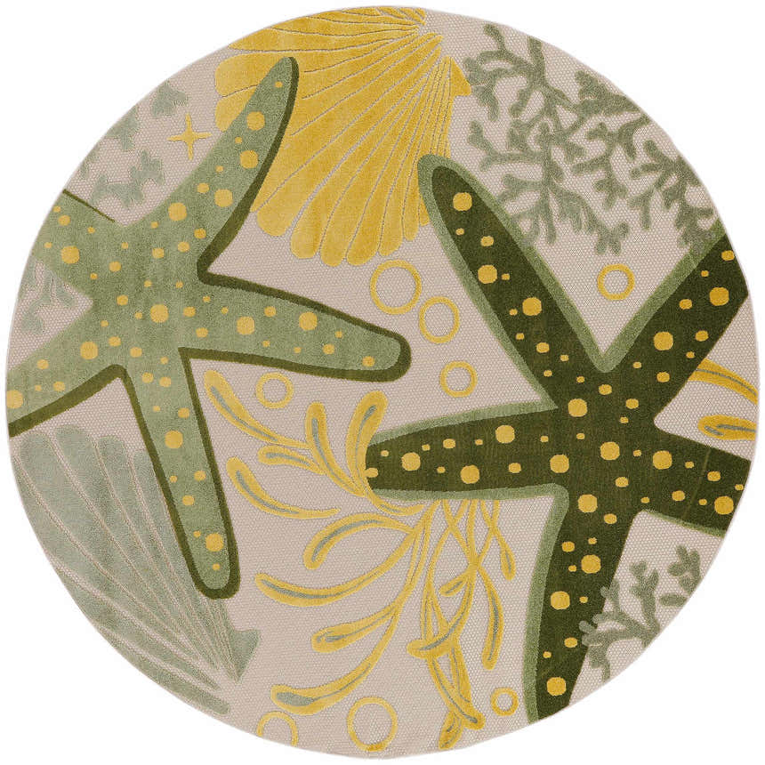 Close-up of round Nourison Aloha Green Yellow rug featuring starfish, coral, and seashell design.