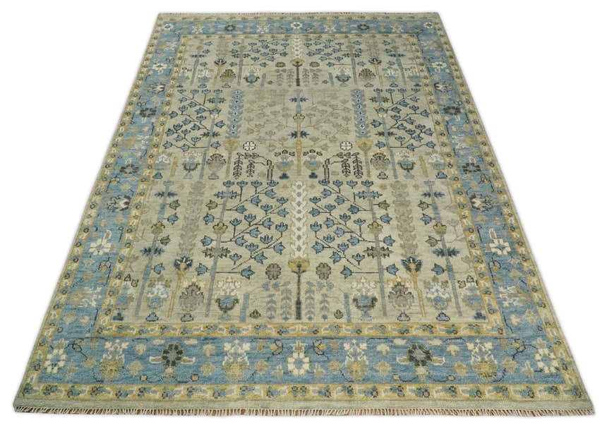 Tree of life Beige and Blue Traditional Hand Knotted Multi Size Wool Area Rug