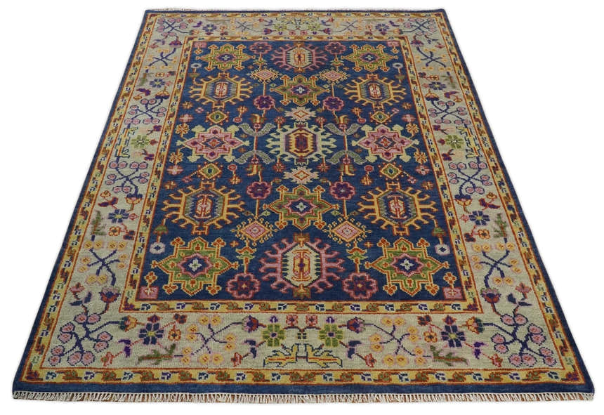 Custom Made Hand Knotted Blue, Gold and Beige Oriental Oushak wool Area Rug