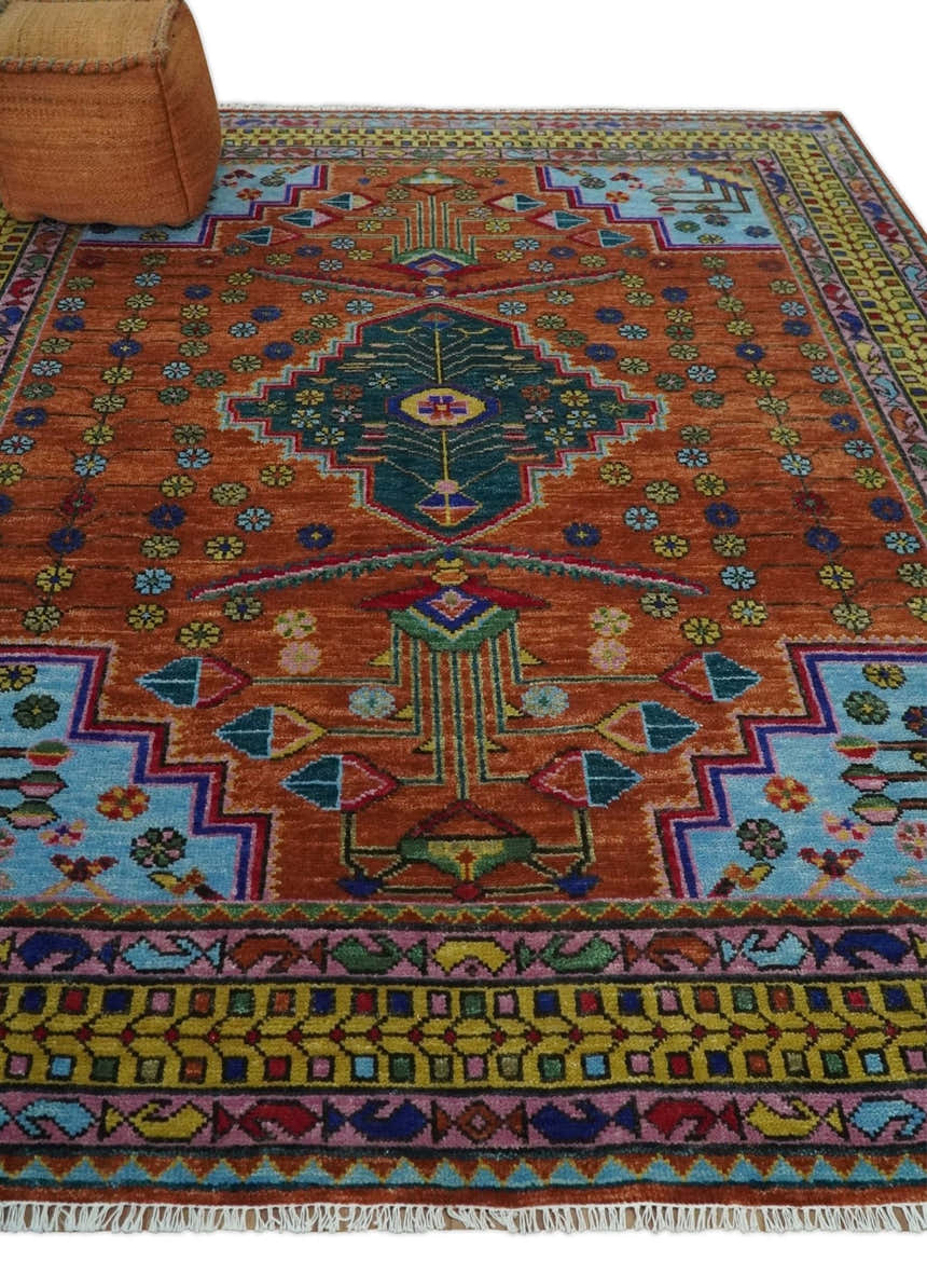 Hand Knotted Green, Rust, Yellow, Pink and Blue Traditional Floral Multi Size Wool Area Rug