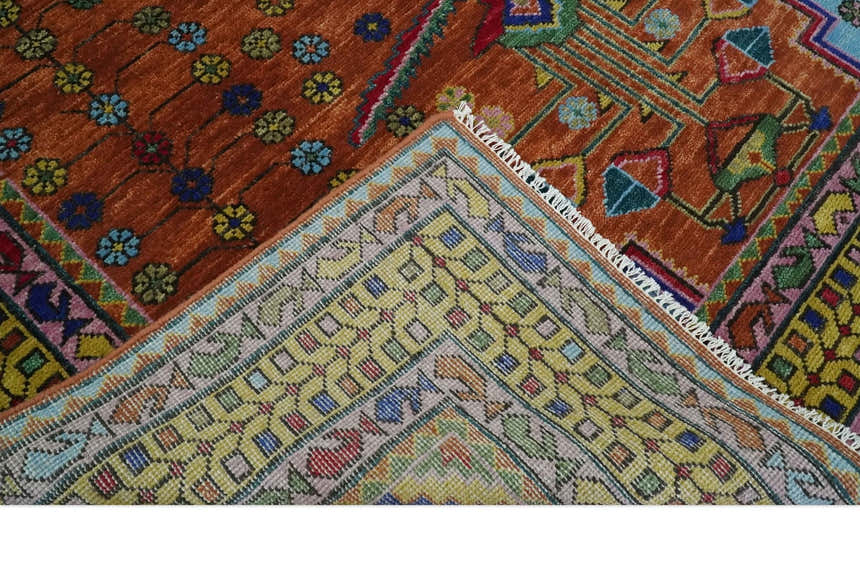 Hand Knotted Green, Rust, Yellow, Pink and Blue Traditional Floral Multi Size Wool Area Rug